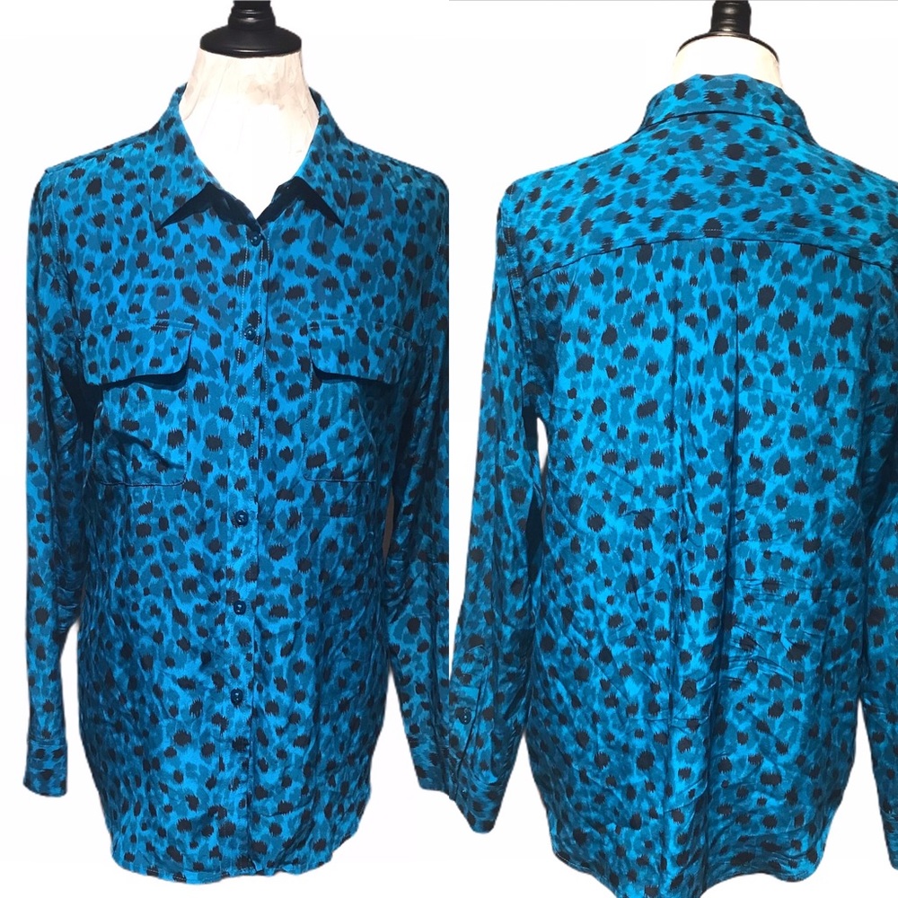 Equipment Silk Leopard-Print Blouse in Bright Blue and Black